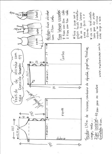 Esquema de modelagem de vestido de alcinha saia franzida tamanho 44.