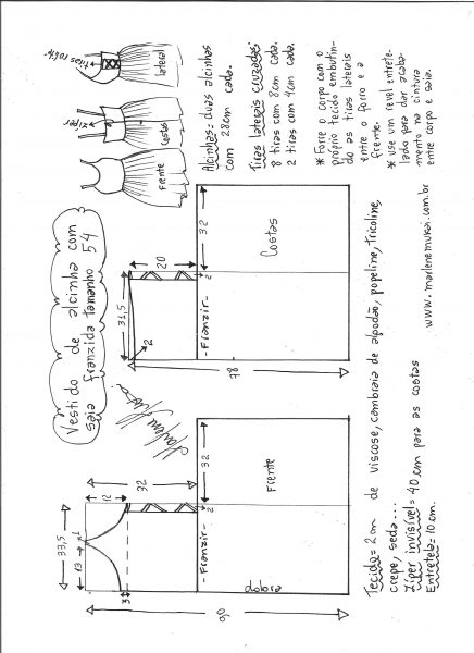 Esquema de modelagem de vestido de alcinha saia franzida tamanho 54.