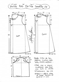 Esquema de modelagem de vestido tipo bata plus size tamanho 54.