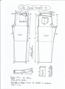 Esquema de modelagem de calça jeans tradicional tamanho 40.