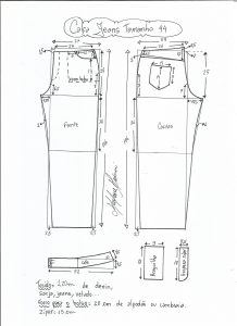 Esquema de modelagem de calça jeans tradicional tamanho 44.