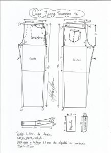 Esquema de modelagem de calça jeans tradicional tamanho 46.