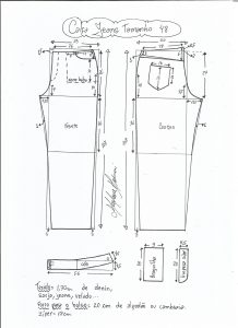 Esquema de modelagem de calça jeans tradicional tamanho 48.
