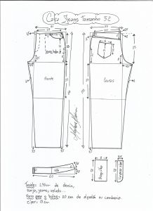 Esquema de modelagem de calça jeans tradicional tamanho 52.