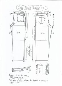 Esquema de modelagem de calça jeans tradicional tamanho 54.