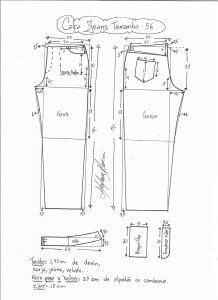 Esquema de modelagem de calça jeans tradicional tamanho 56.