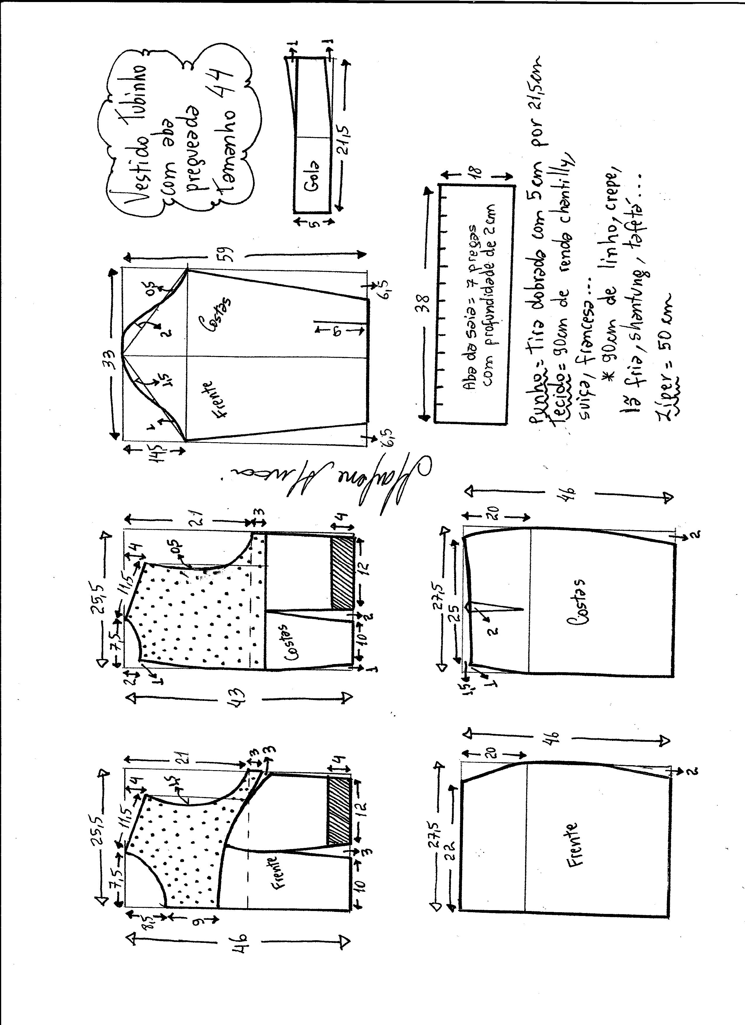 Esquema de modelagem de vestido tubinho com aba pregueada e detalhe em renda tamanho 44.