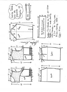 Esquema de modelagem de vestido tubinho com aba pregueada e detalhe em renda tamanho 48.