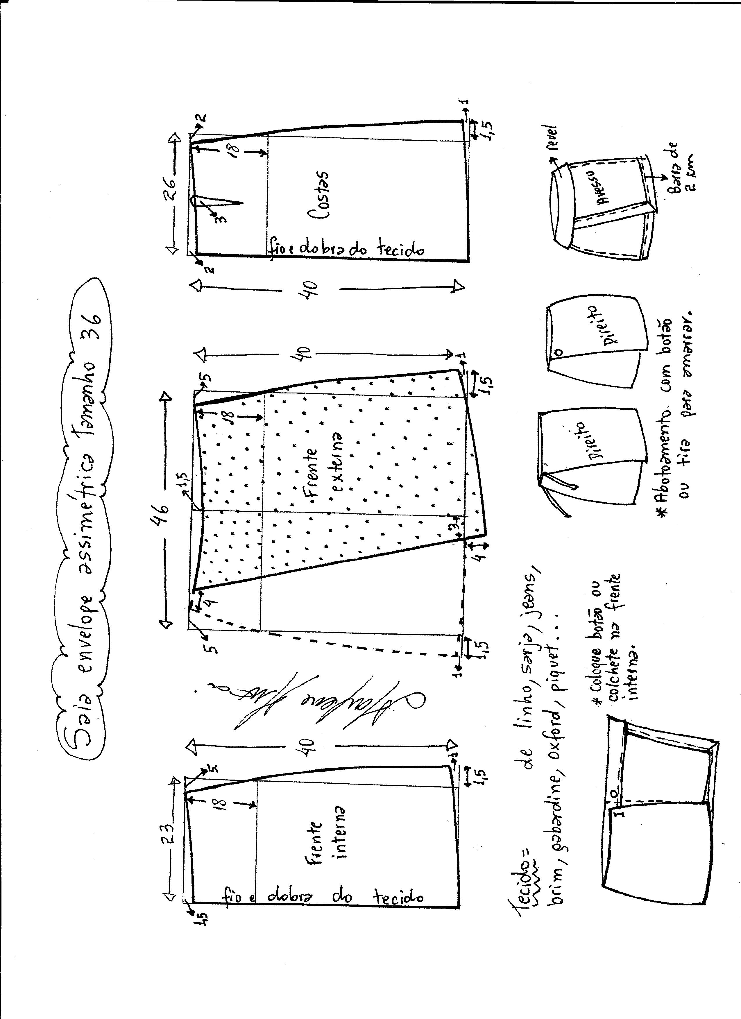 Esquema de modelagem de saia envelope assimétrica tamanho 36.