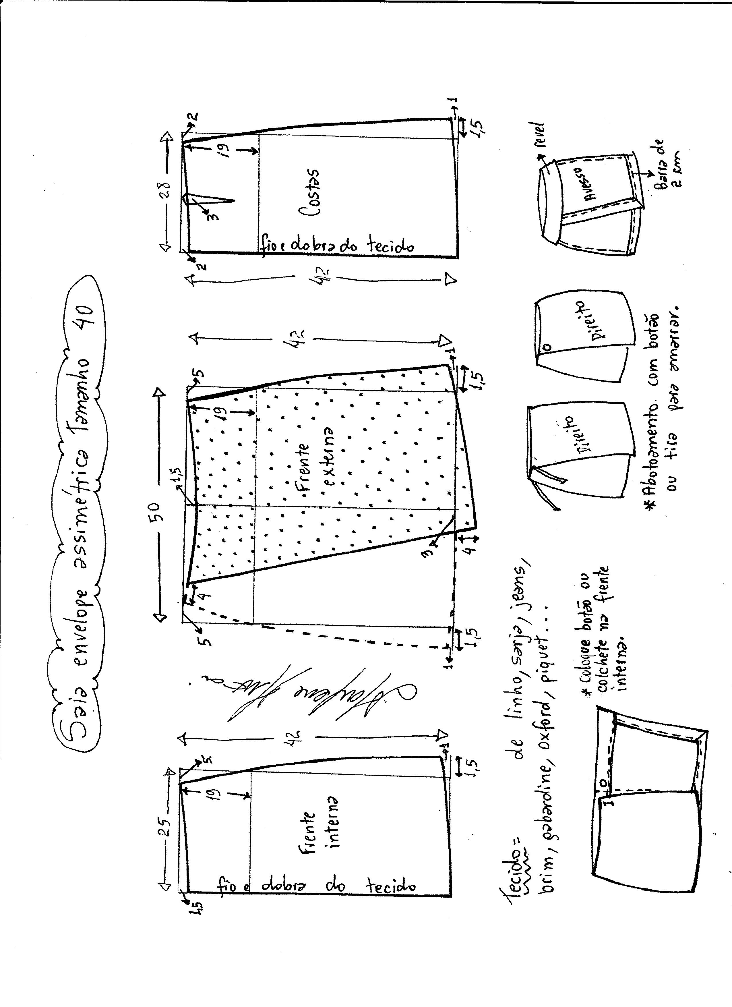 Esquema de modelagem de saia envelope assimétrica tamanho 40.