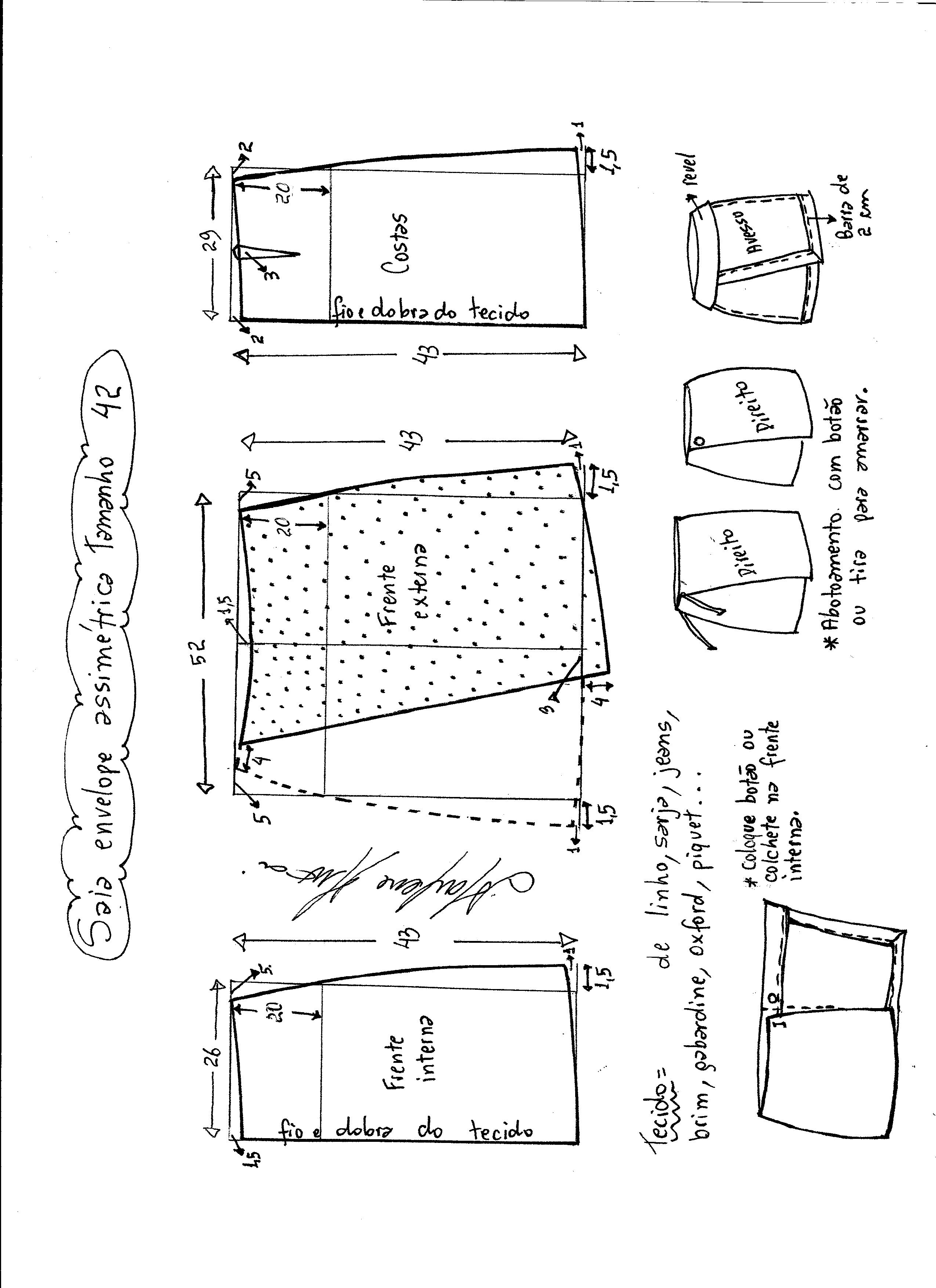 Esquema de modelagem de saia envelope assimétrica tamanho 42.
