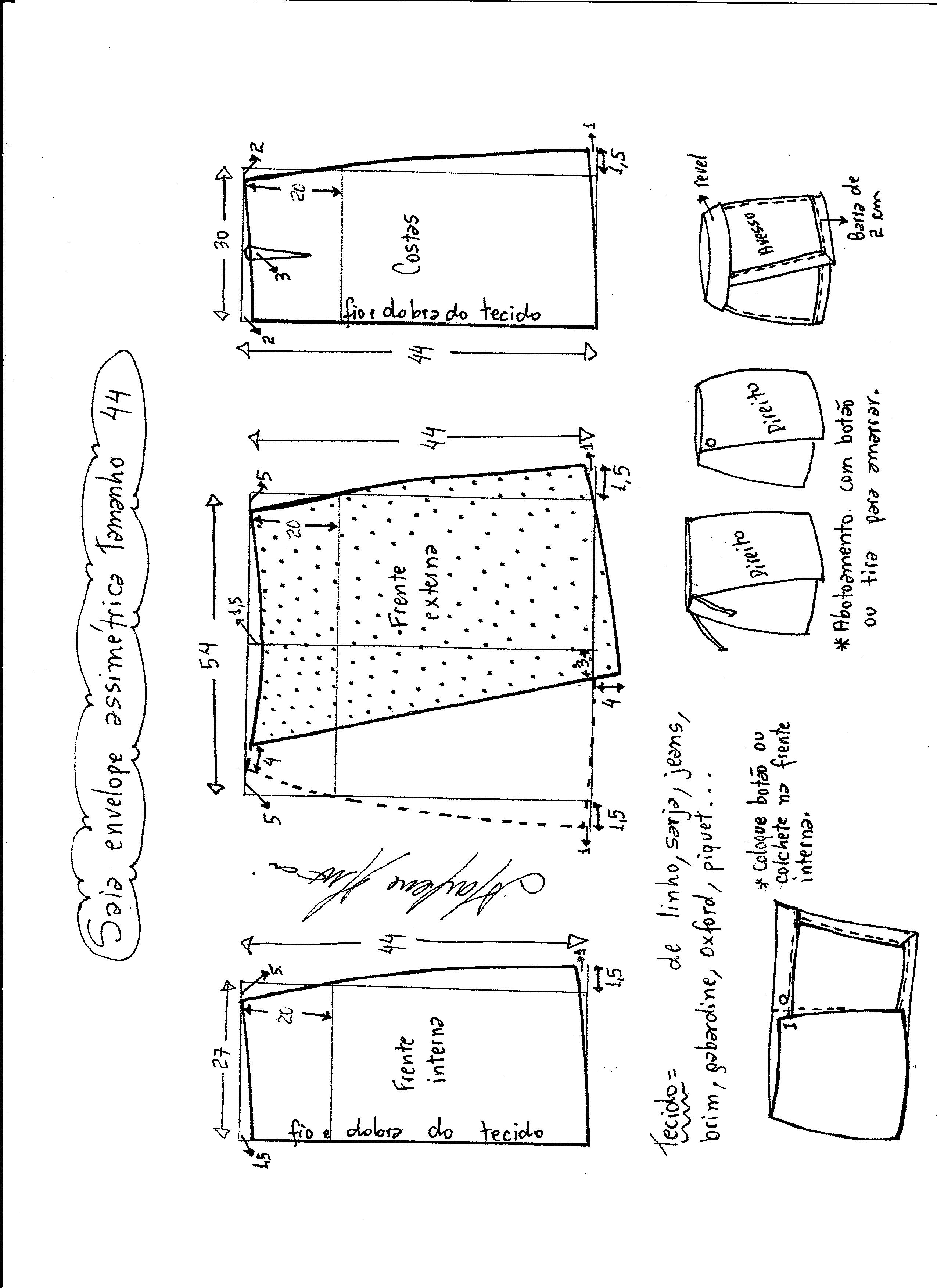 Esquema de modelagem de saia envelope assimétrica tamanho 44.