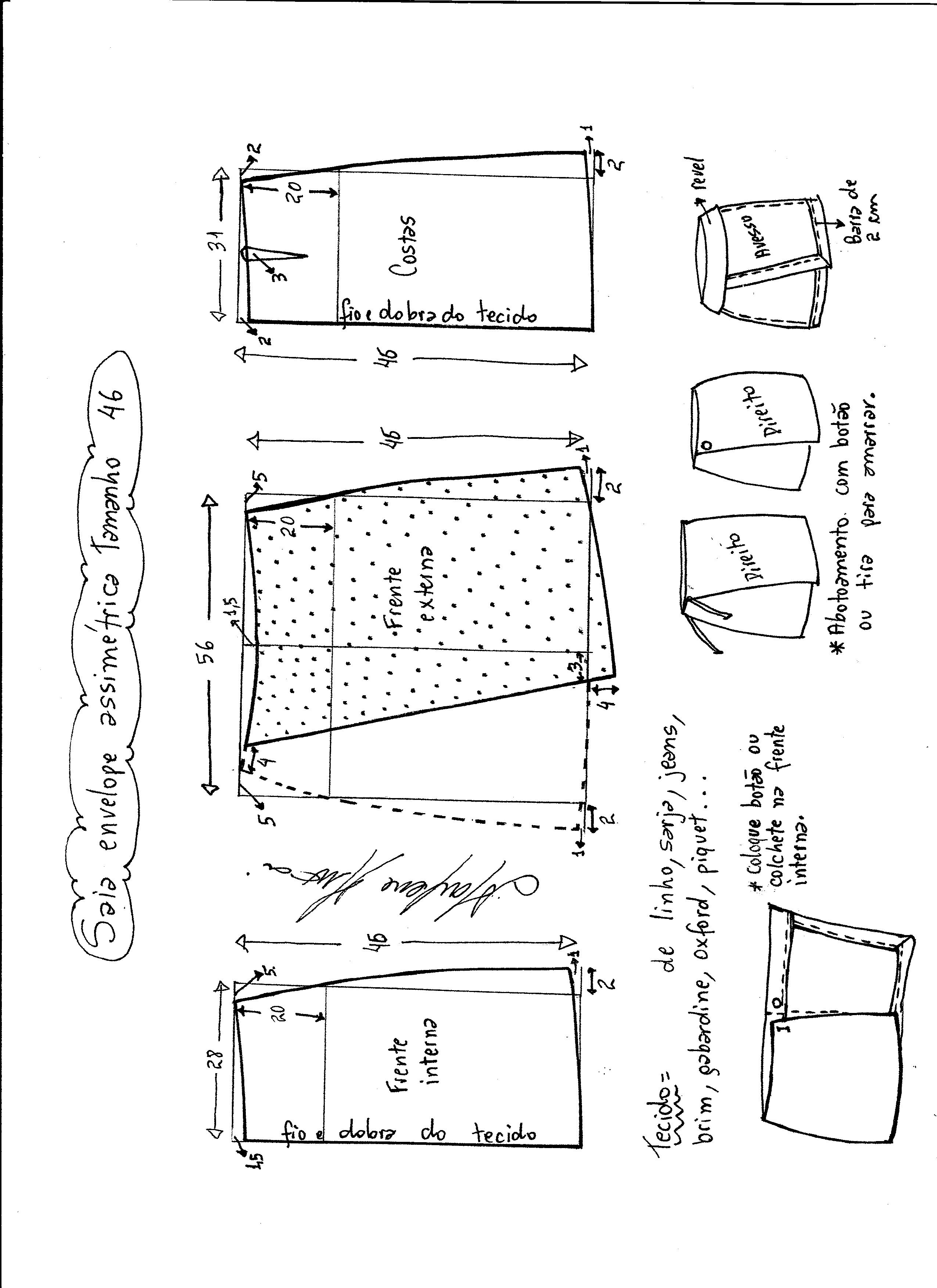 Esquema de modelagem de saia envelope assimétrica tamanho 46.