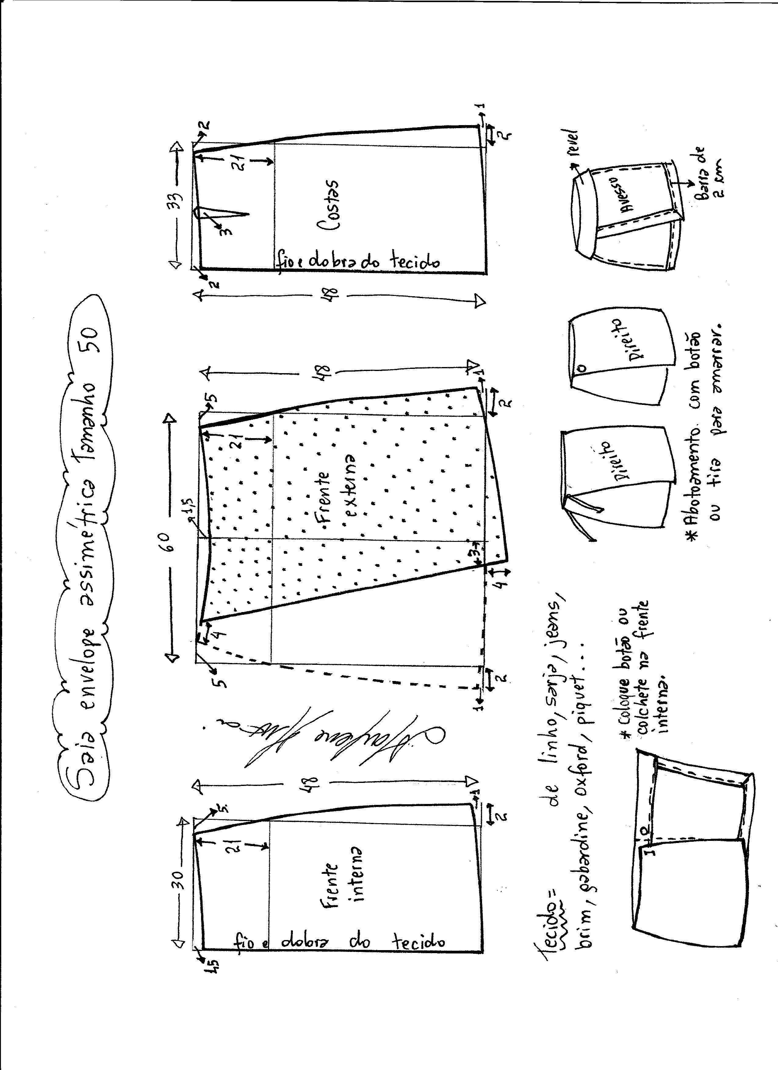 Esquema de modelagem de saia envelope assimétrica tamanho 50.