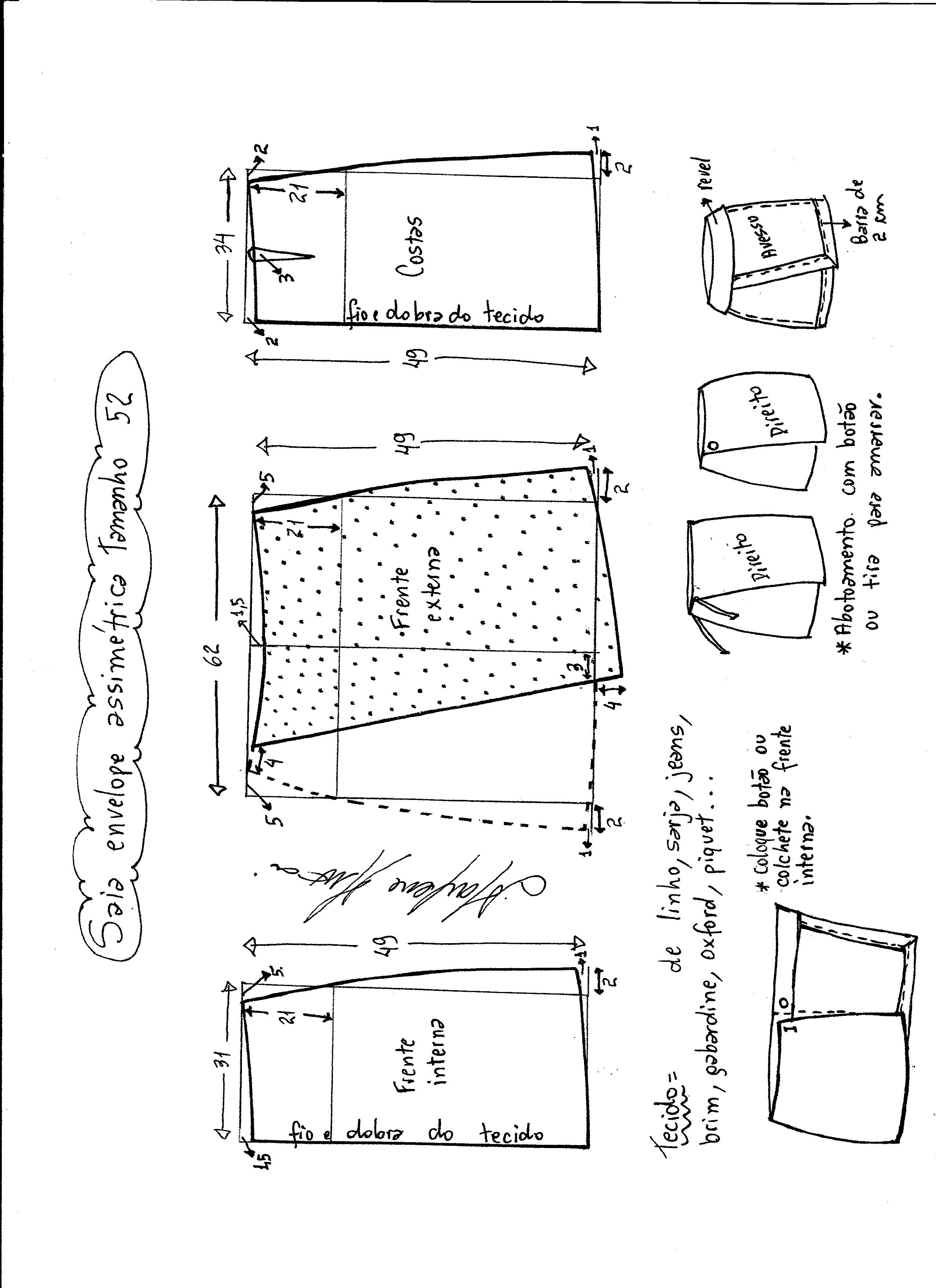 Esquema de modelagem de saia envelope assimétrica tamanho 52.
