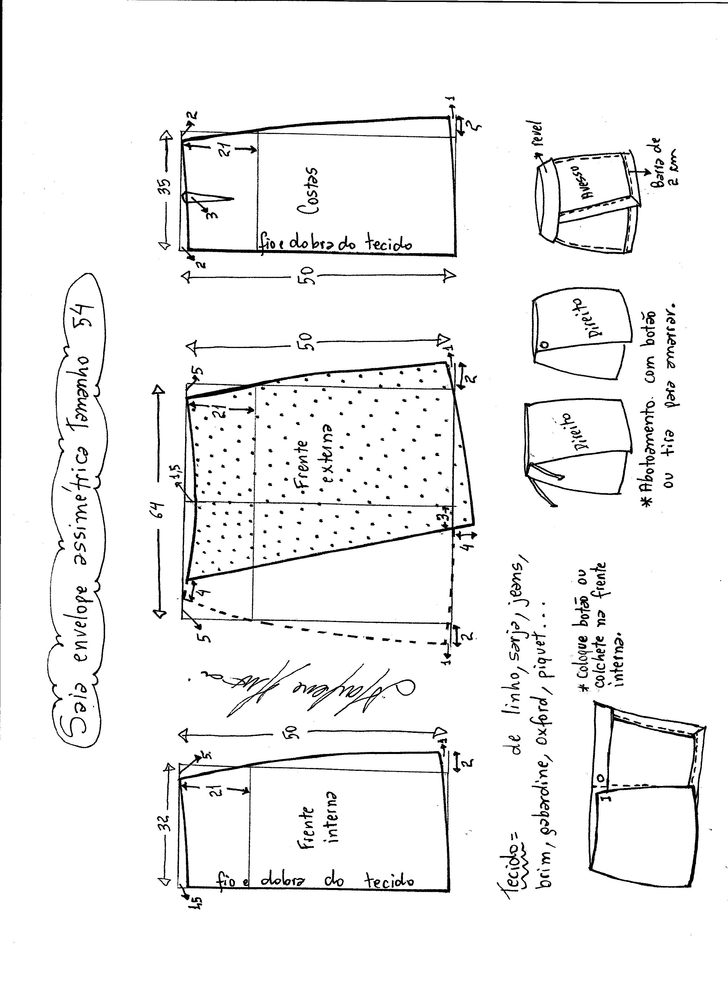 Esquema de modelagem de saia envelope assimétrica tamanho 54.