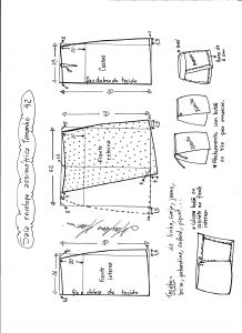 Esquema de modelagem de saia envelope assimétrica tamanho 42.