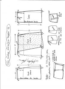 Esquema de modelagem de saia envelope assimétrica tamanho 56.