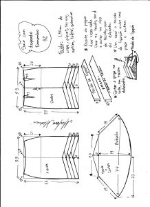 Esquema de modelagem de saia sino com pregas diagonais tamanho 42.