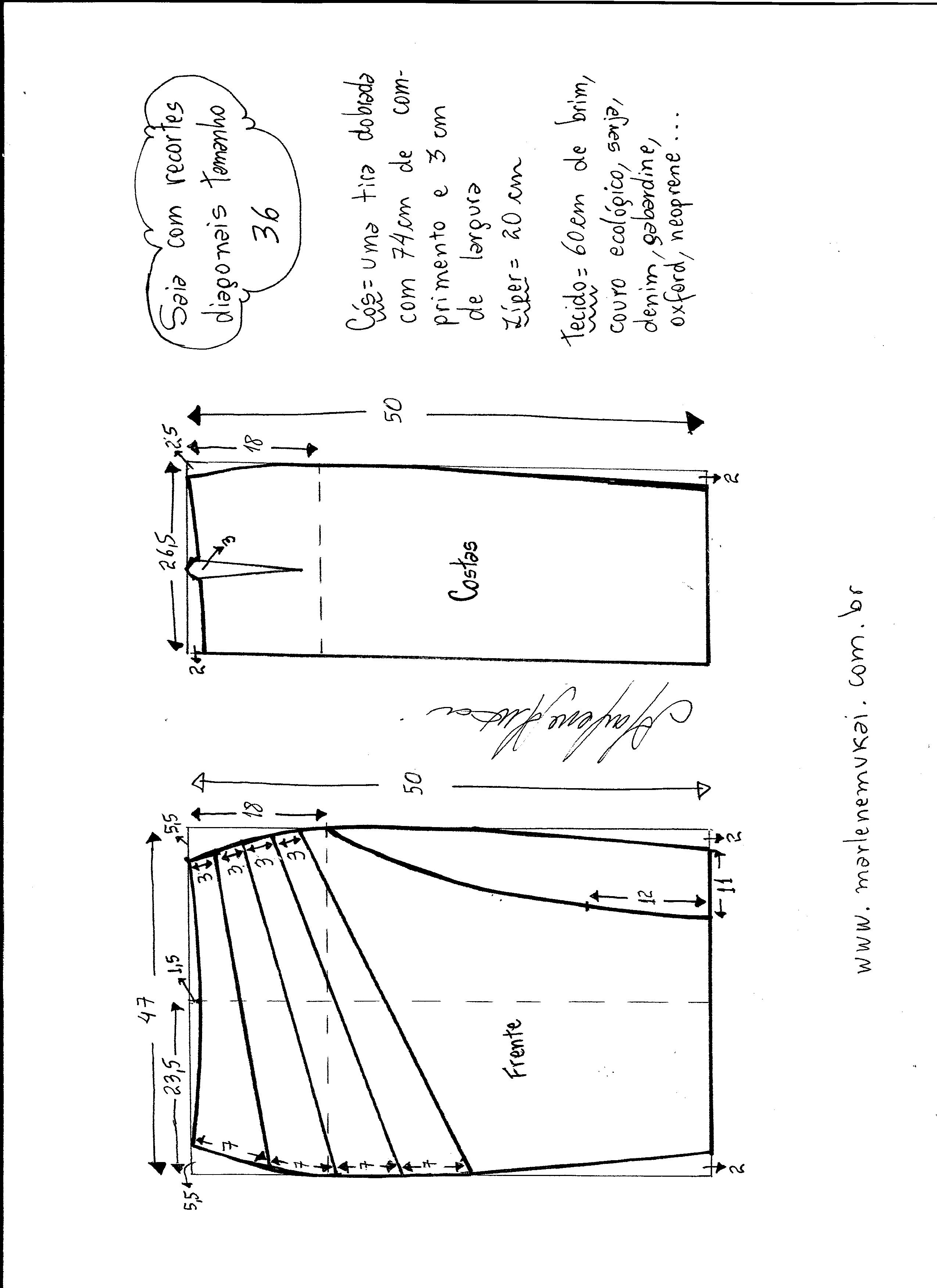 Esquema de modelagem de saia com recorte diagonal tamanho 36.