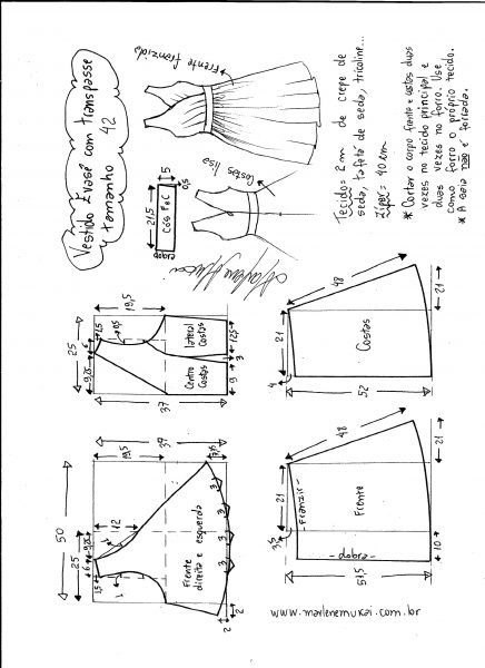 Esquema de modelagem de vestido evasê com transpasse tamanho 42.