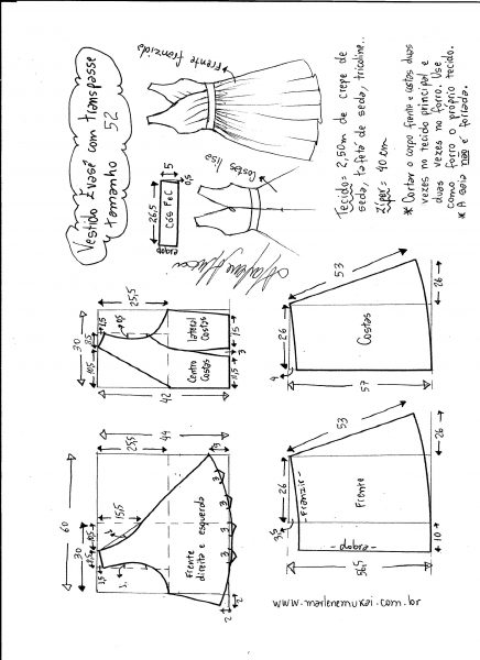 Esquema de modelagem de vestido evasê com transpasse tamanho 52.
