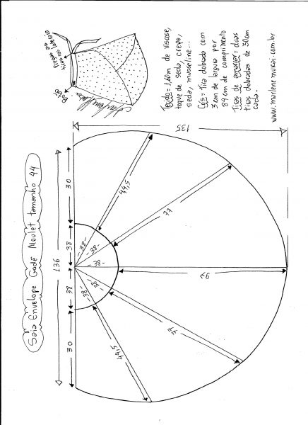 Esquema de modelagem de saia envelope godê moulet tamanho 44.