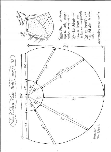 Esquema de modelagem de saia envelope godê moulet tamanho 52.