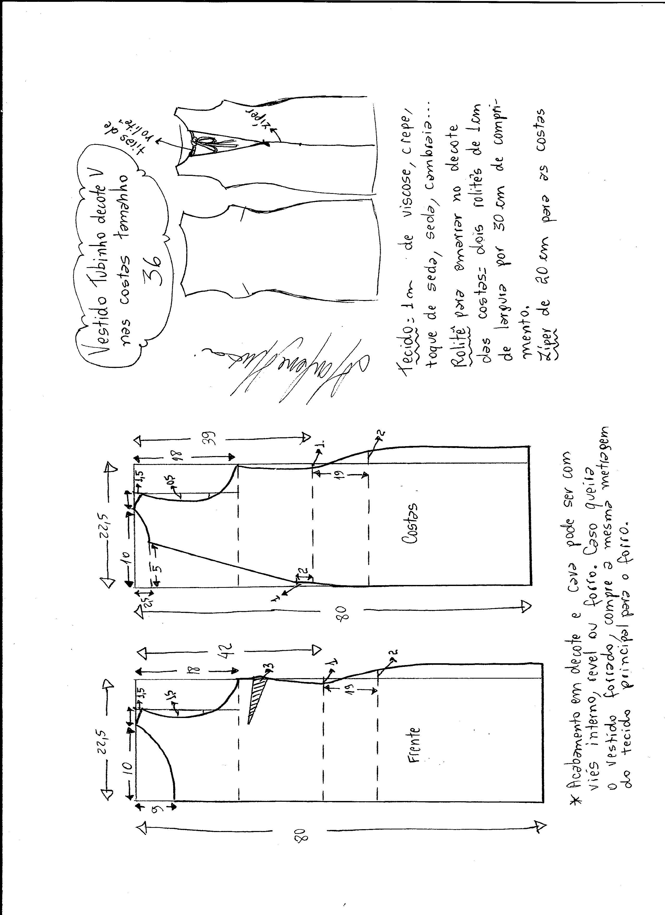 Esquema de modelagem de vestido tubinho com decote nas costas tamanho 36.