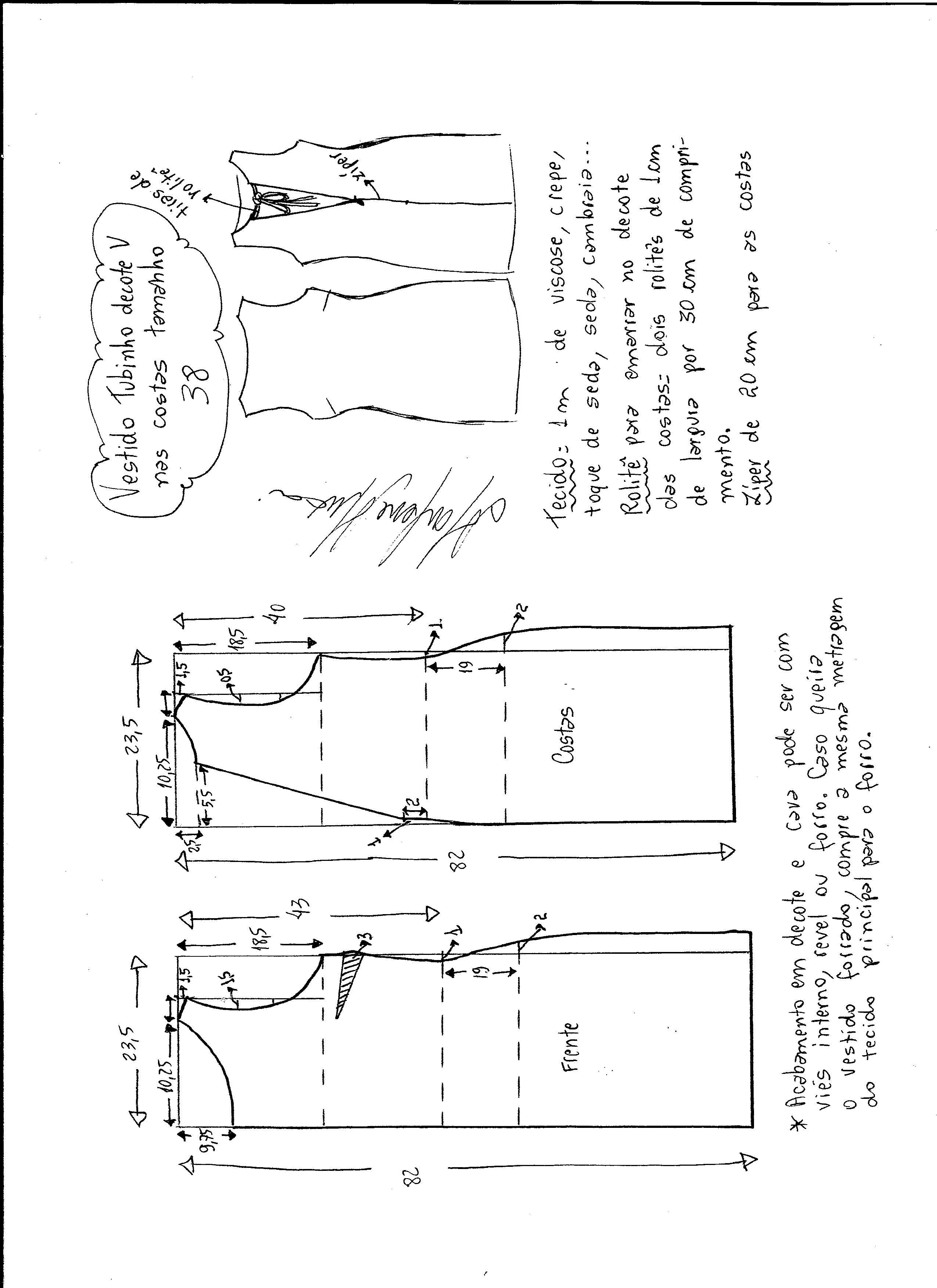 Esquema de modelagem de vestido tubinho com decote nas costas tamanho 38.
