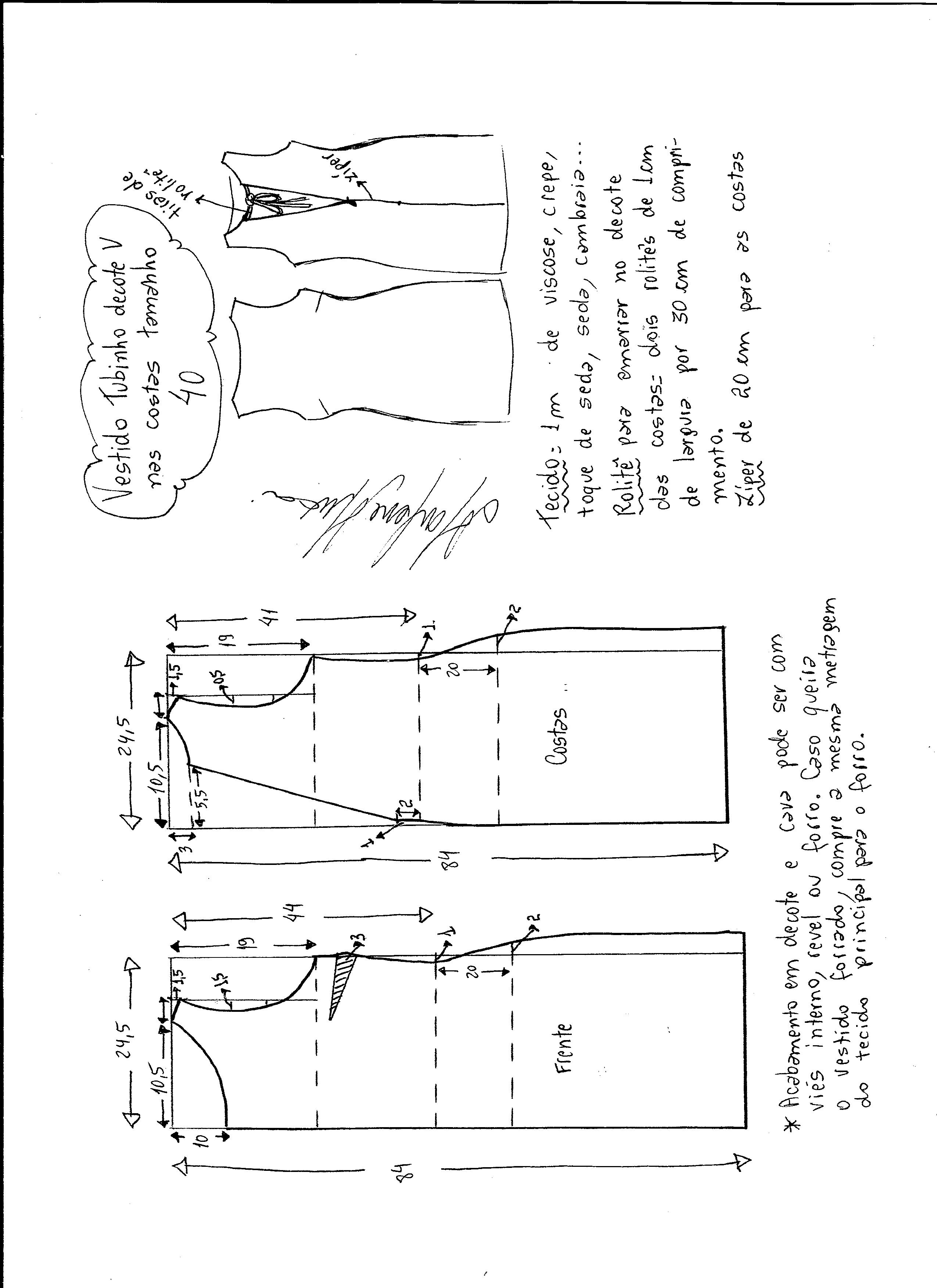 Esquema de modelagem de vestido tubinho com decote nas costas tamanho 40.