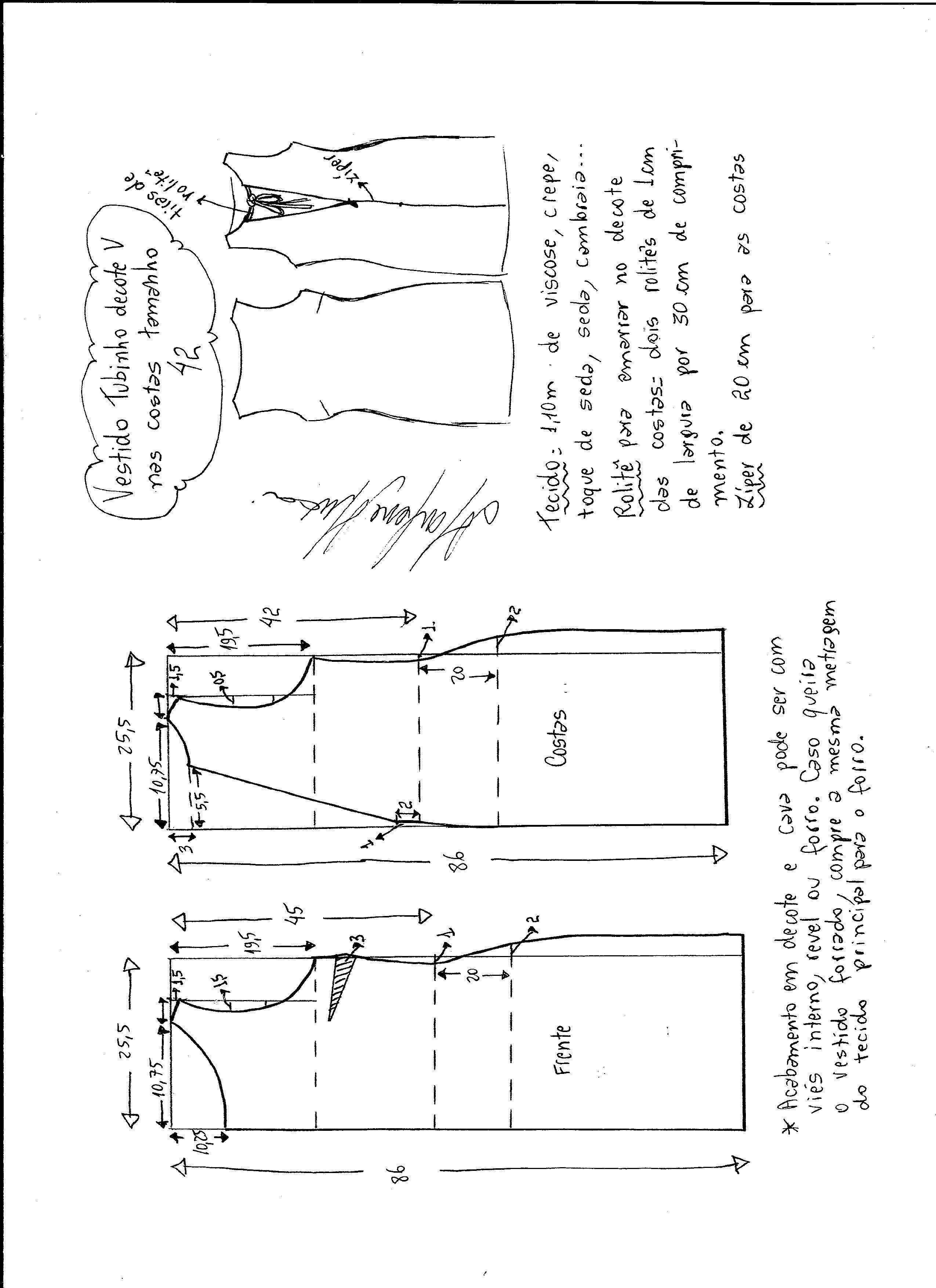 Esquema de modelagem de vestido tubinho com decote nas costas tamanho 42.