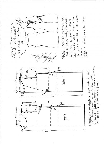 Esquema de modelagem de vestido tubinho com decote nas costas tamanho 44.