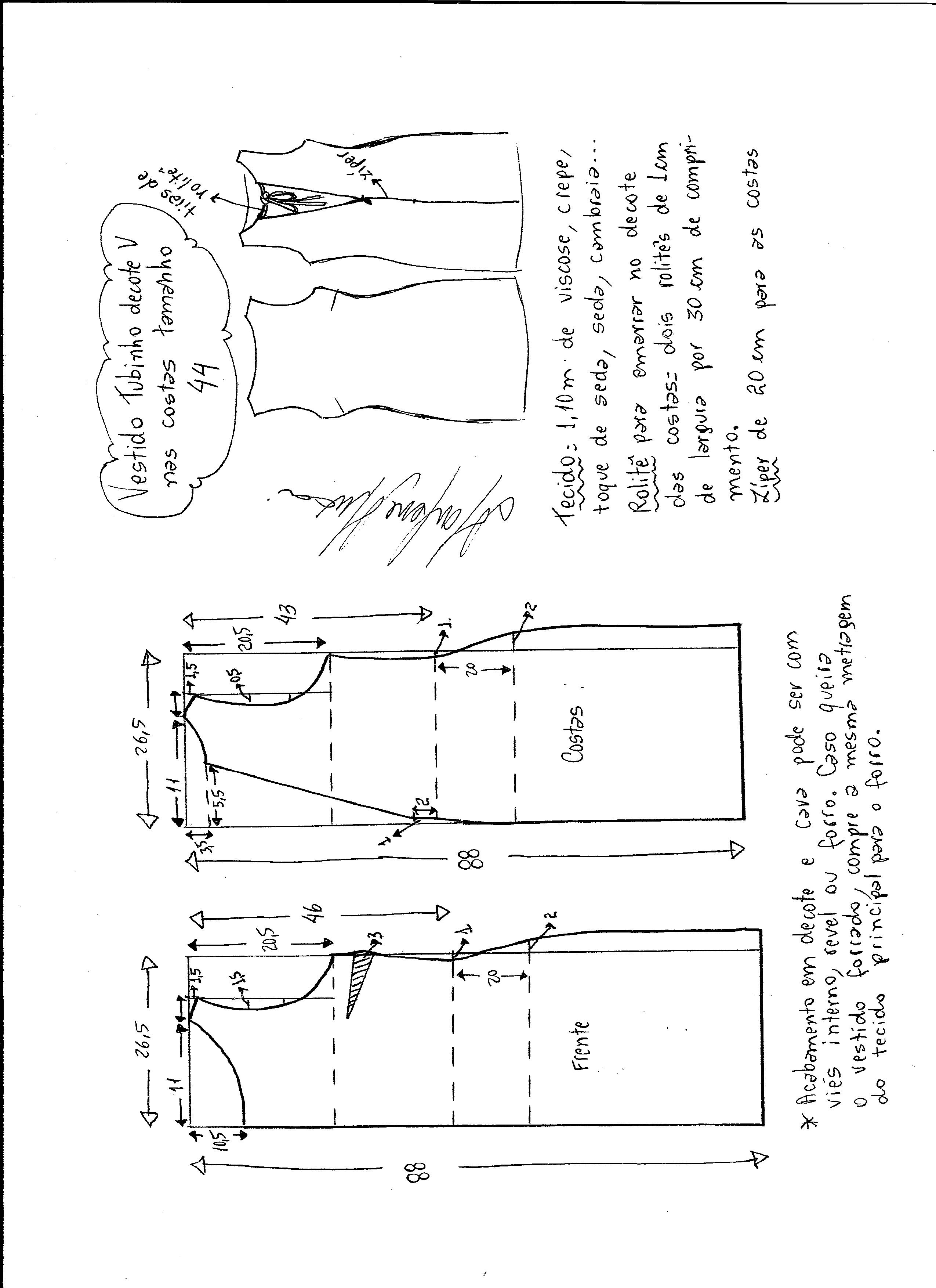 Esquema de modelagem de vestido tubinho com decote nas costas tamanho 44.