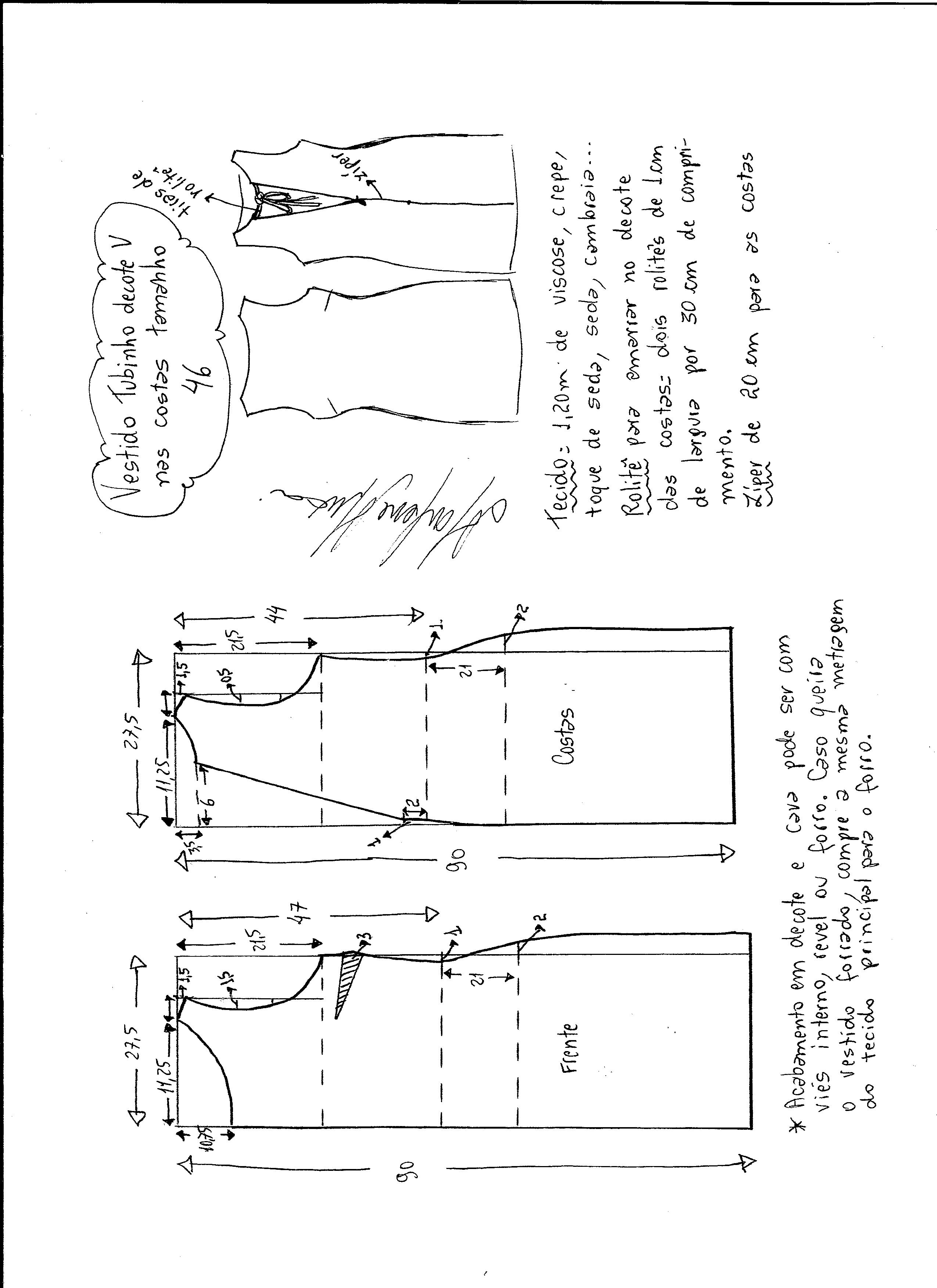 Esquema de modelagem de vestido tubinho com decote nas costas tamanho 46.