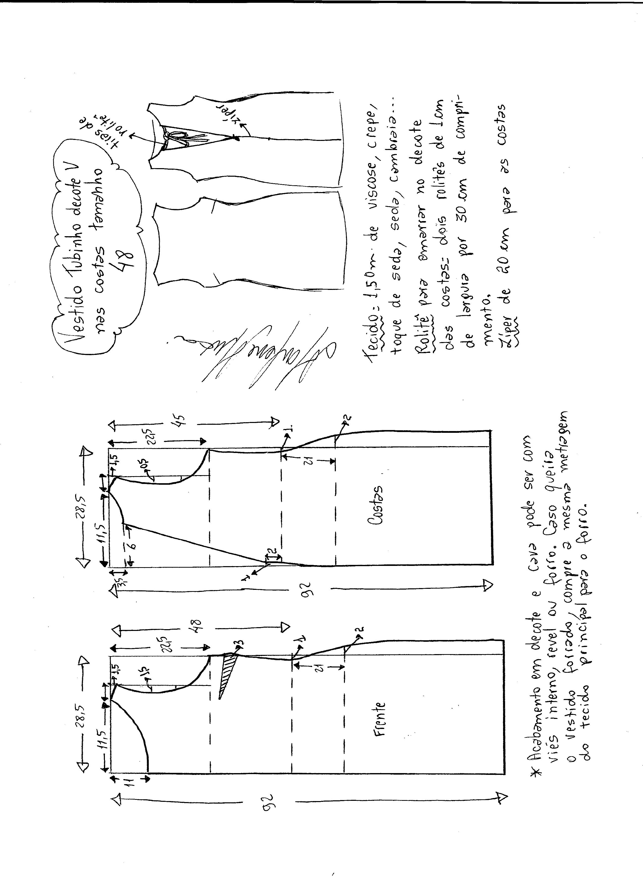 Esquema de modelagem de vestido tubinho com decote nas costas tamanho 48.