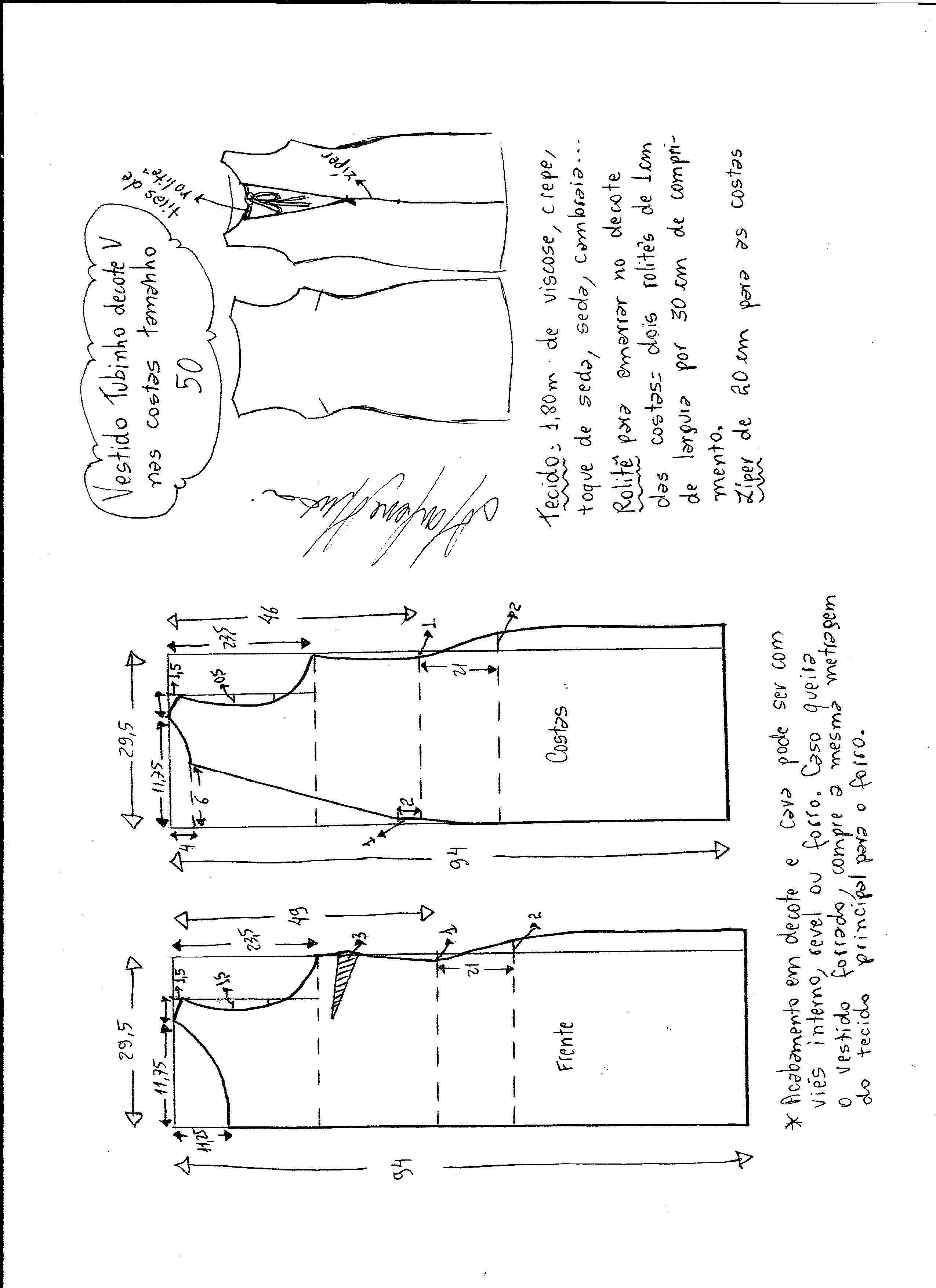 Esquema de modelagem de vestido tubinho com decote nas costas tamanho 50.