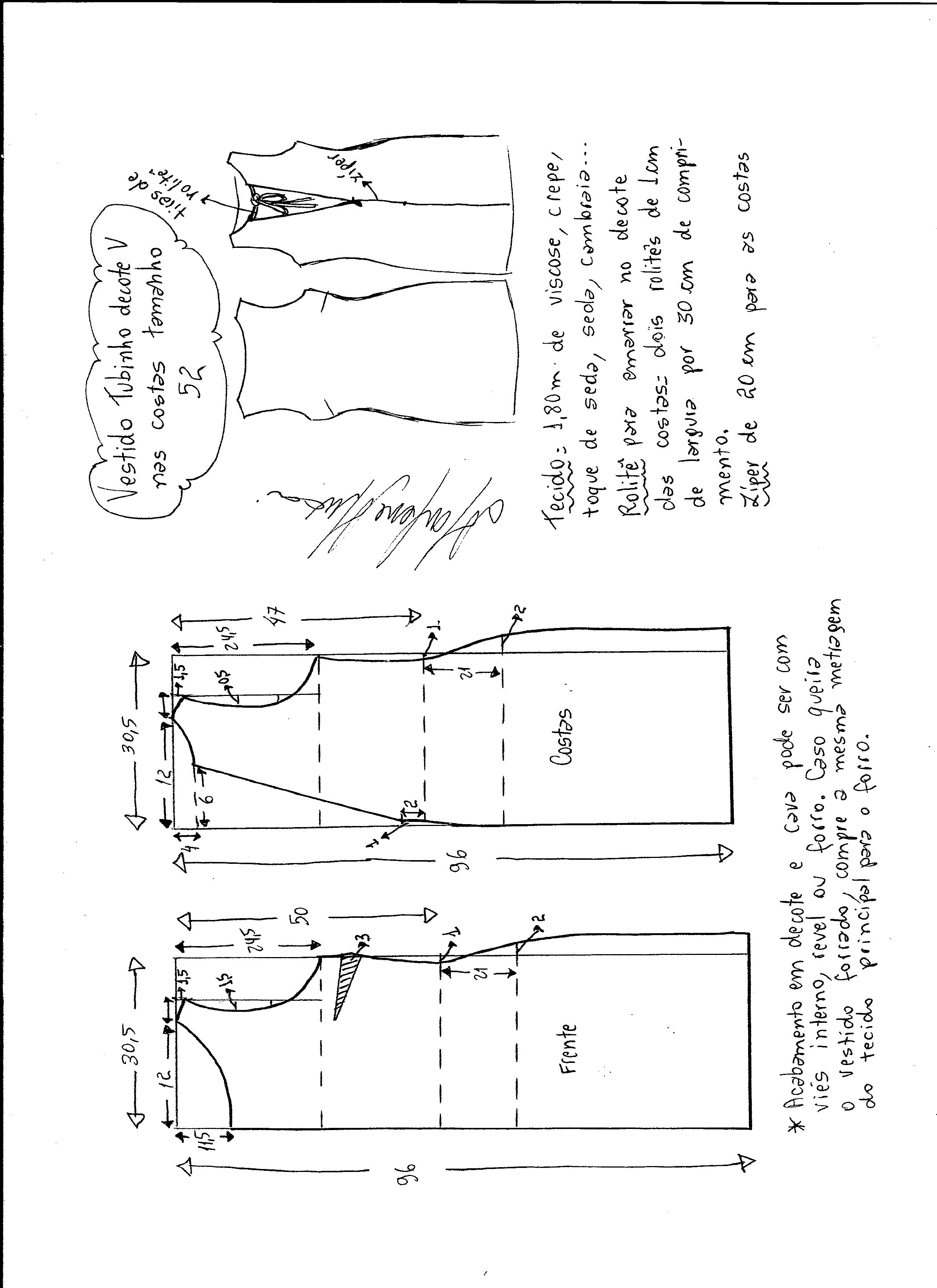 Esquema de modelagem de vestido tubinho com decote nas costas tamanho 52.