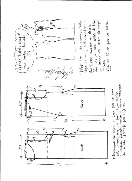 Esquema de modelagem de vestido tubinho com decote nas costas tamanho 54.