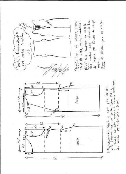 Esquema de modelagem de vestido tubinho com decote nas costas tamanho 56.