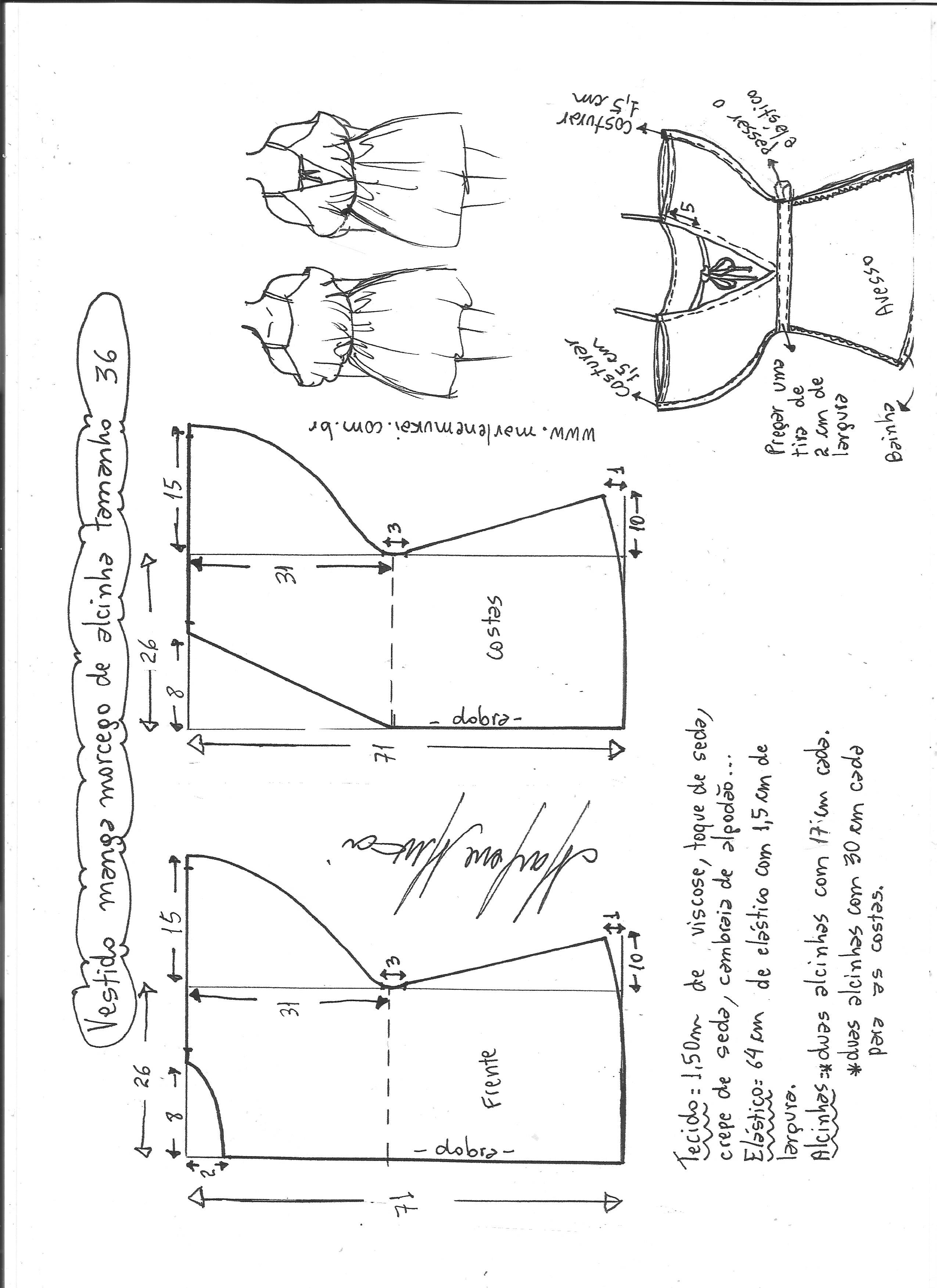 Esquema de modelagem de vestido de alcinha com manga morcego tamanho 36.