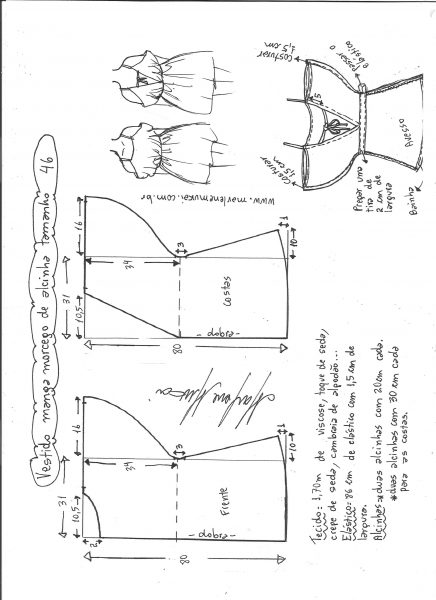 Esquema de modelagem de vestido de alcinha com manga morcego tamanho 46.