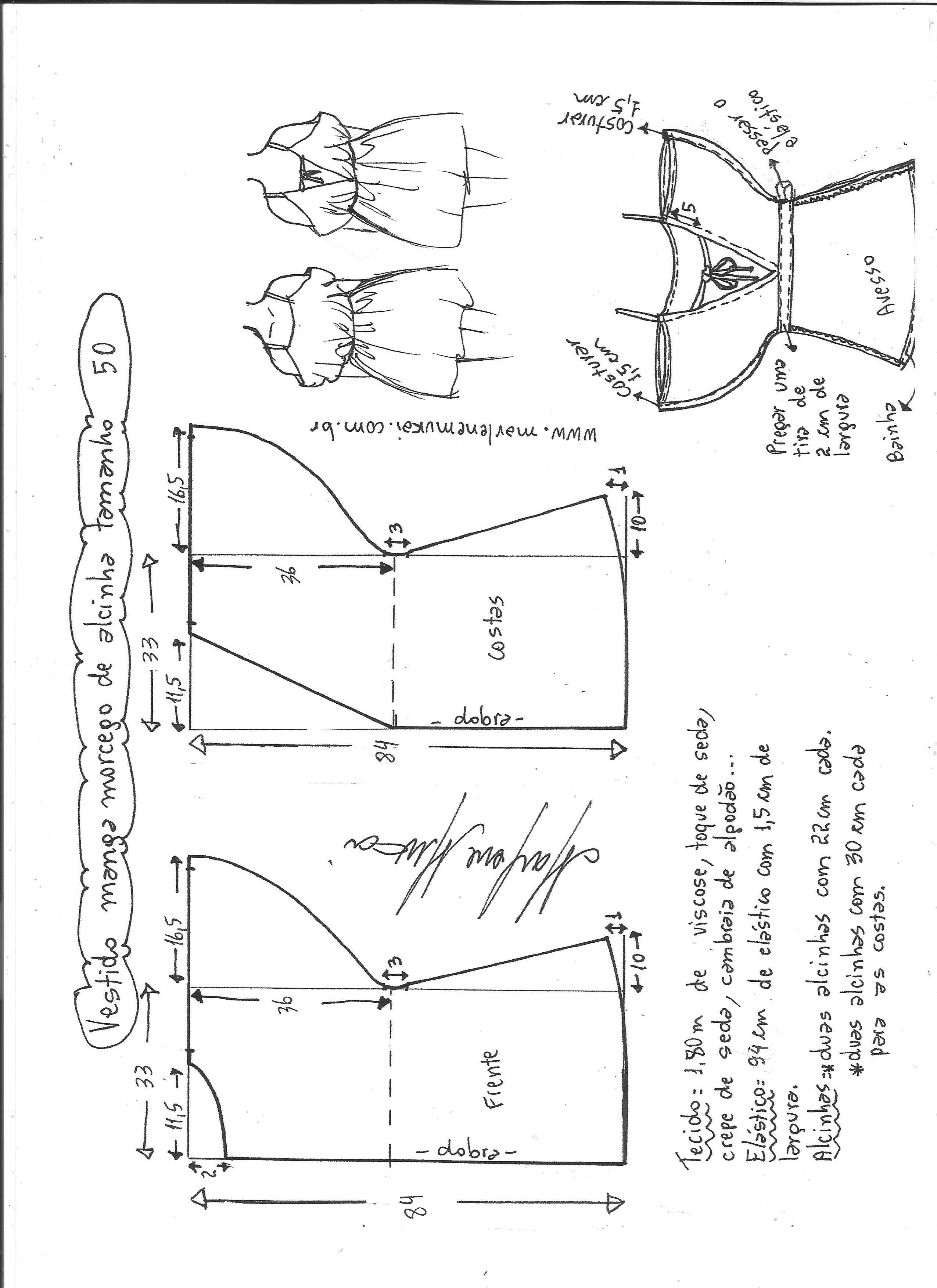 Esquema de modelagem de vestido de alcinha com manga morcego tamanho 50.