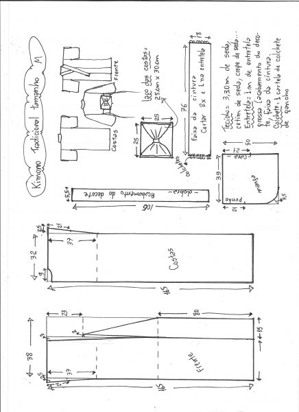 Esquema de modelagem de kimono yukata tamanho M.