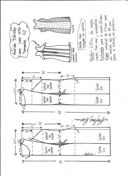 Esquema de modelagem de vestido tubinho cava reta tamanho 42.