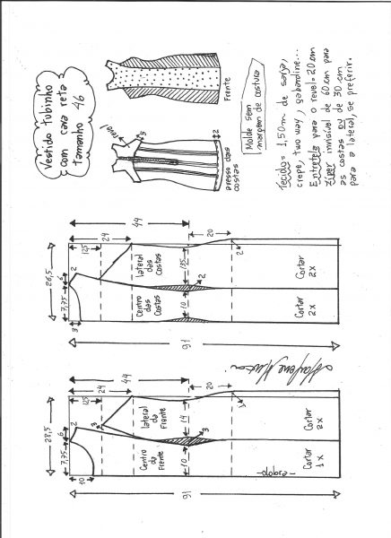Esquema de modelagem de vestido tubinho cava reta tamanho 46.