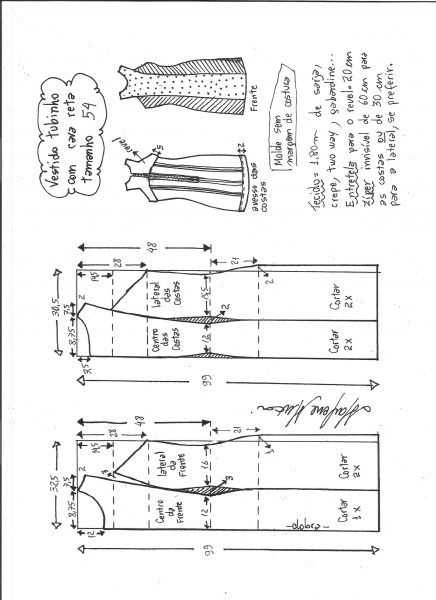 Esquema de modelagem de vestido tubinho cava reta tamanho 54.