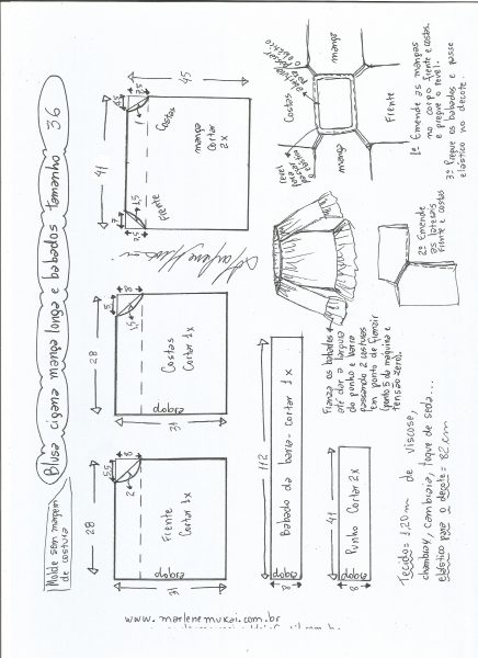 Esquema de modelagem de blusa ciganinha babados tamanho 36