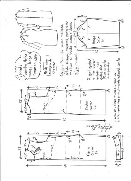 Esquema de modelagem de vestido tubinho malha manga longa tamanho EGG.