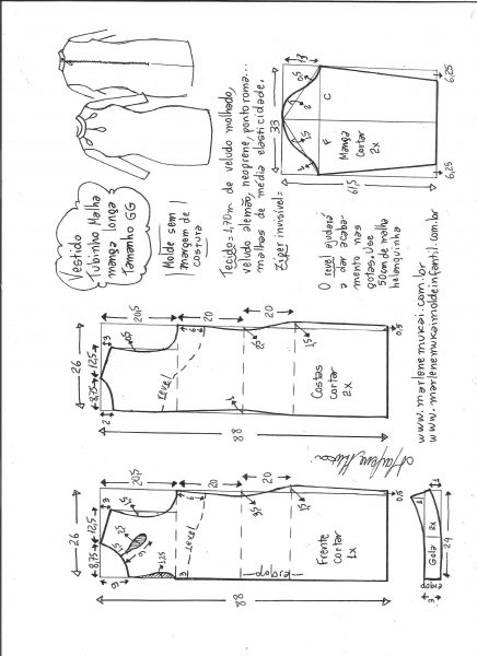 Esquema de modelagem de vestido tubinho malha manga longa tamanho GG.
